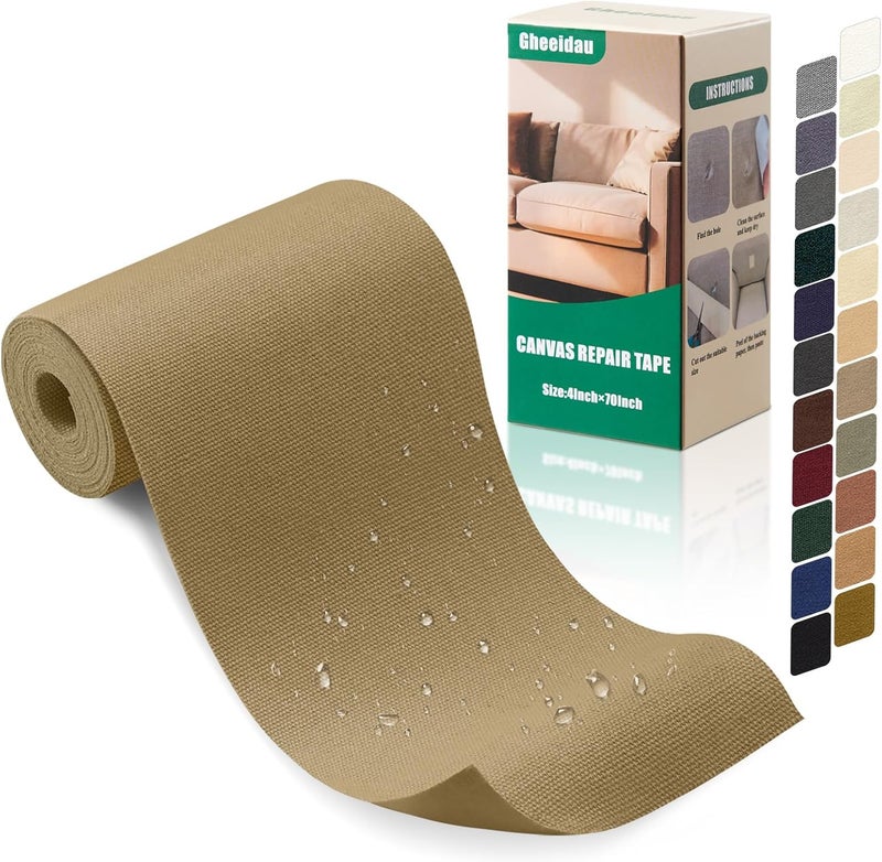 Gheeidau Canvas Repair Tape 4×70 Inch Waterproof Self-Adhesive Fabric Repair Patch for Repairing Boat Covers,Tents,Patio Umbrellas,Car Seats,Luggage,Sofas.(Dark Khaki) - Image 1